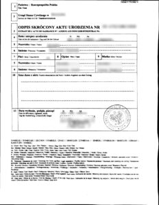 Abridged copy of birth certificate / Odpis skrócony aktu urodzenia, vital records